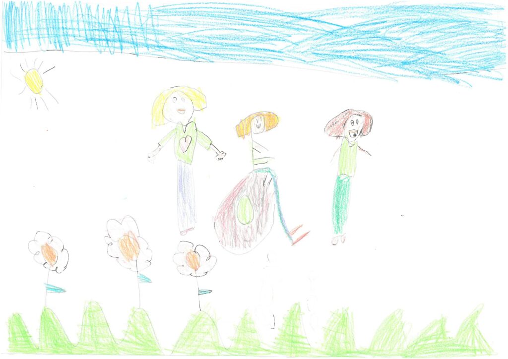 A piece of paper with a child's colorful drawing of people and a landscape