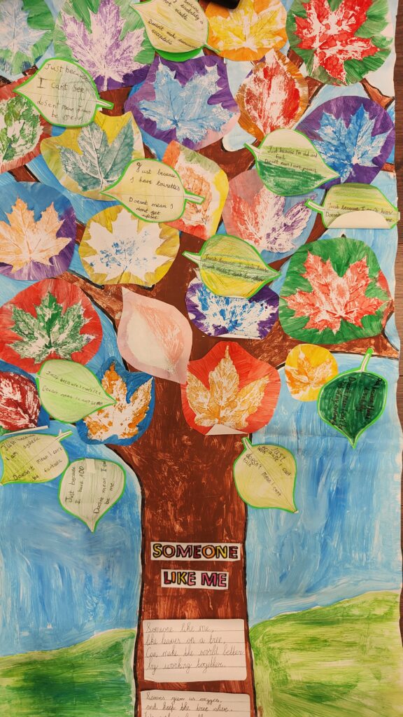 A piece of paper with collage of a tree, leaves and children's written messages
