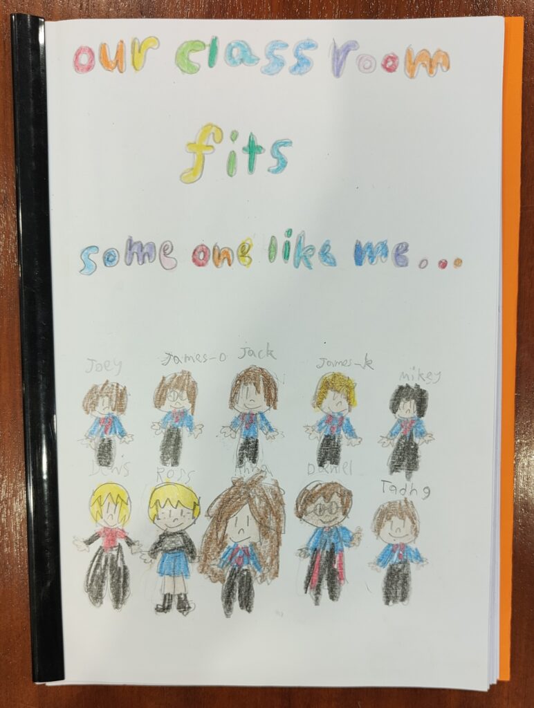 A book cover with a child's drawing of pupils and their names