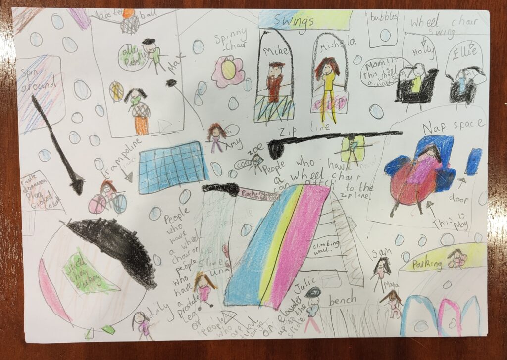 A piece of paper with child's colorful drawing of a playground