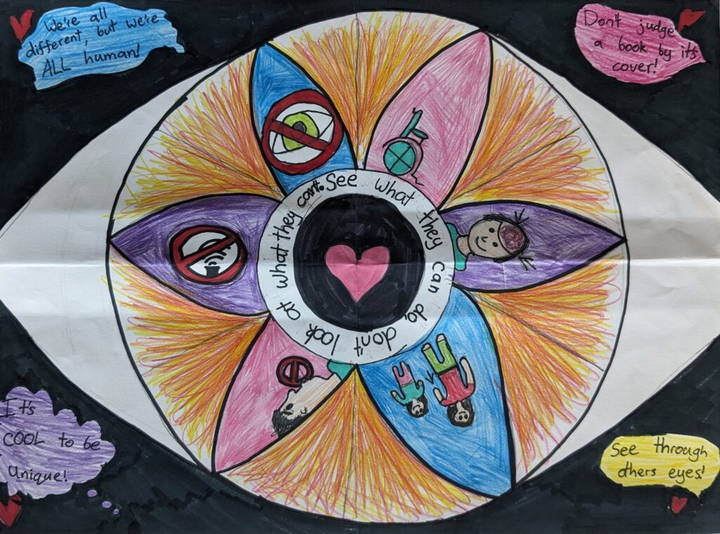 A piece of paper with child's drawing of a colorful eye and positive disability messages