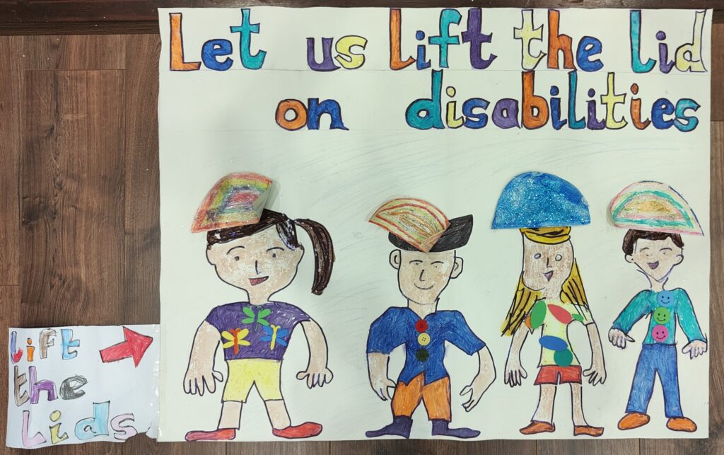 A poster with colorful drawings of children wearing hats and instruction sign