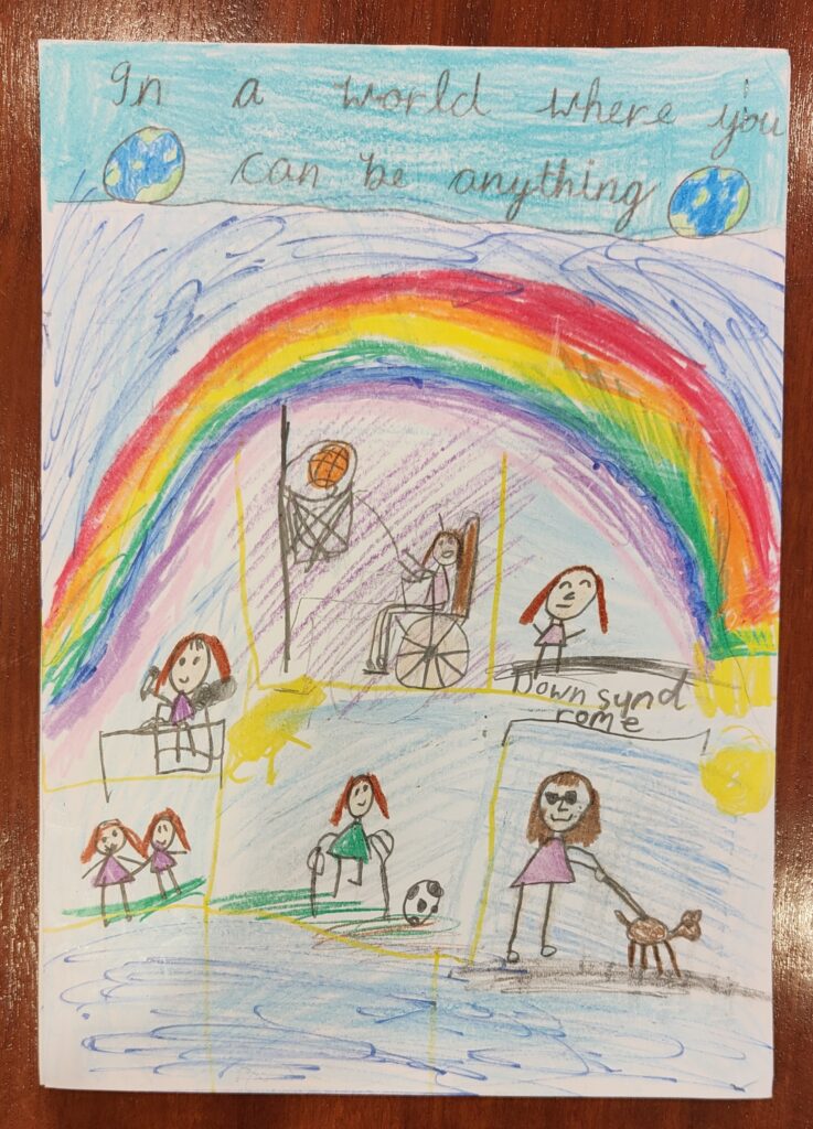 A piece of paper with child's drawing of a rainbow and people