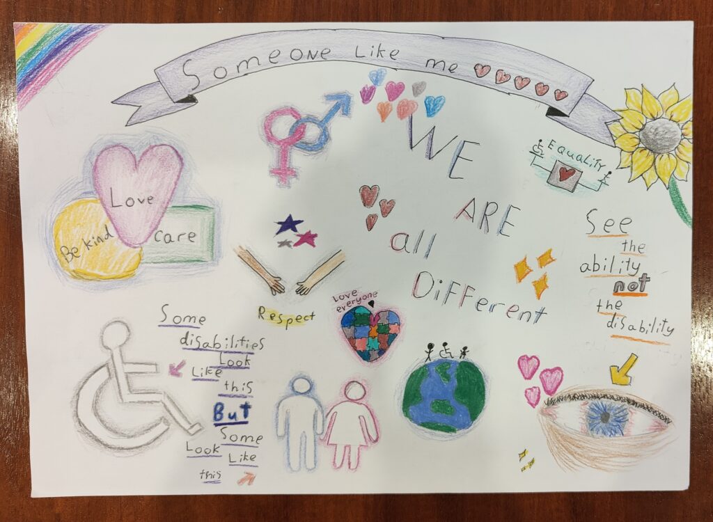 A piece of paper with child's drawings and positive disability messages on it
