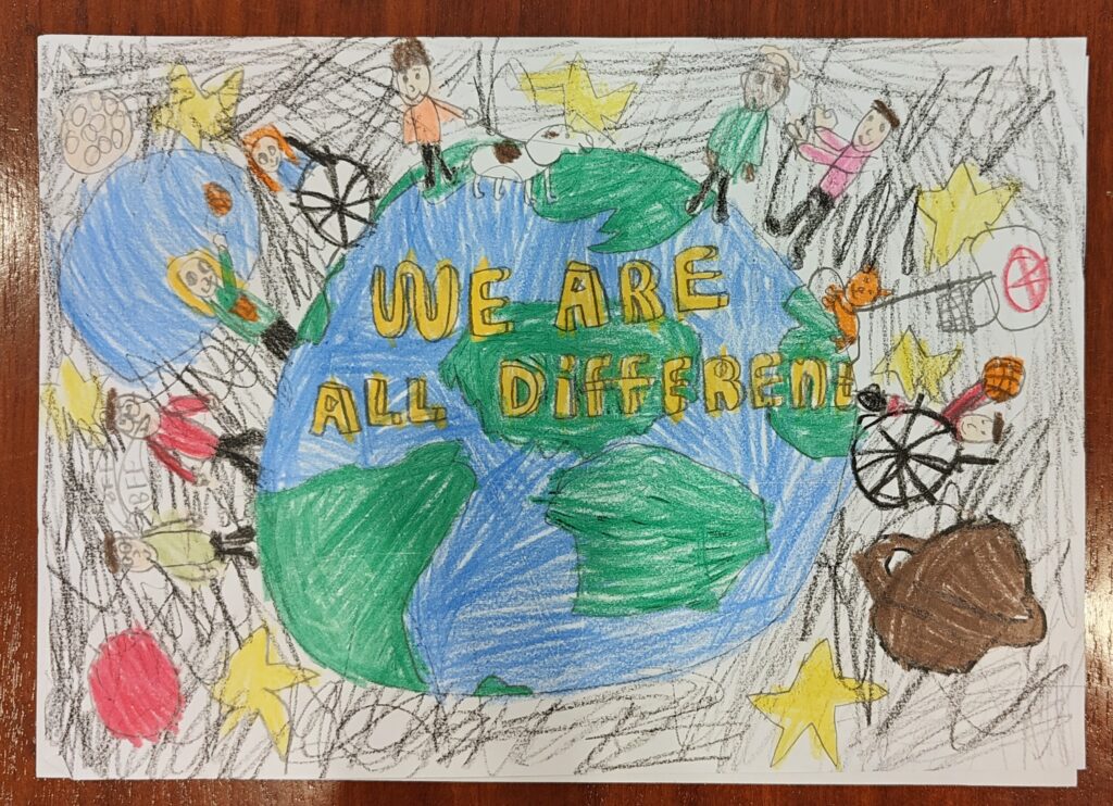 A child's drawing of a planet earth with people on it