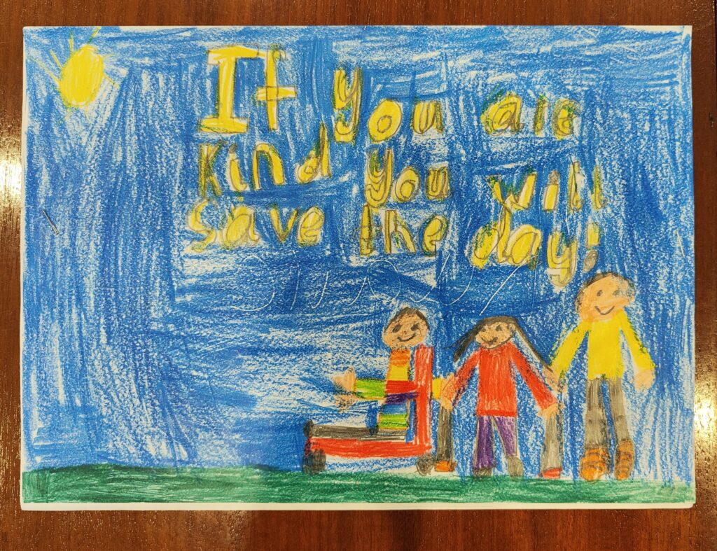 A piece of paper with a child's colorful drawing of children and a landscape