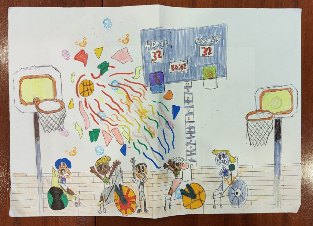 A piece of paper with a child's drawing of children in wheelchairs playing basketball