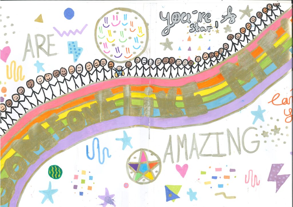 Colorful drawing of stick figures standing together on a rainbow, symbolizing unity and diversity.