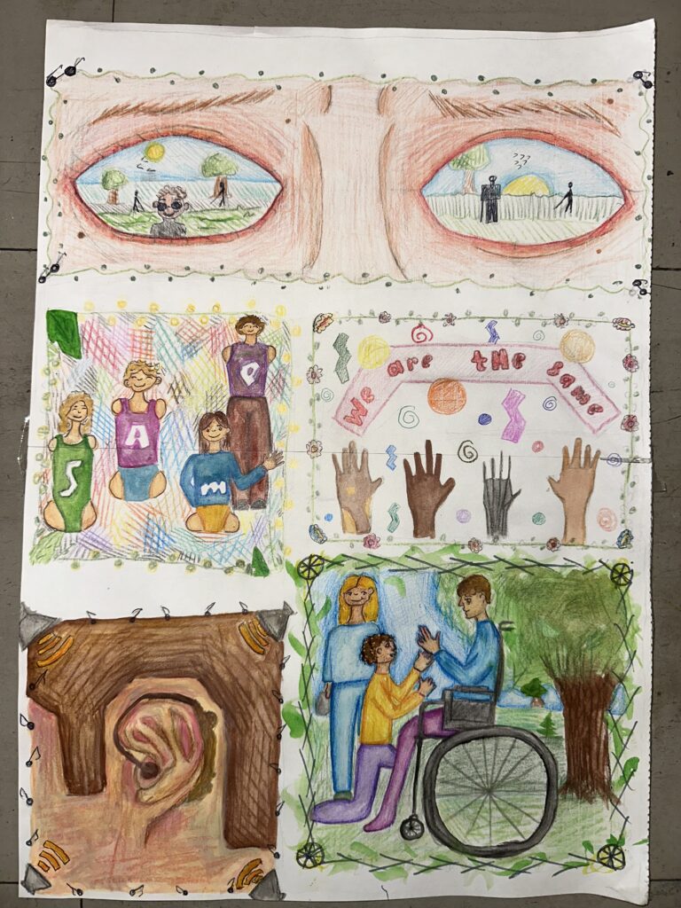 Hand-drawn illustration of eyes viewing the world through the lens of someone with a disability, featuring vibrant, inclusive imagery to promote understanding and empathy.