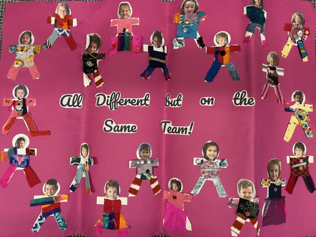 Poster featuring a group of pupils from the same class, smiling together, with the caption 'All different but on the same team' on a pink background.