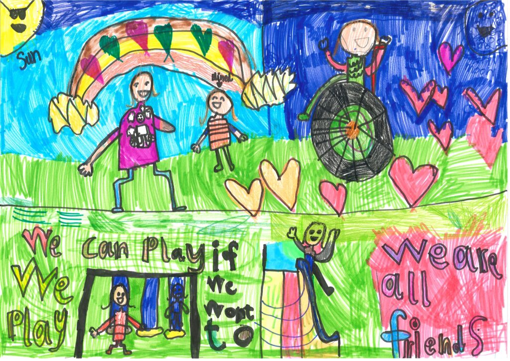 Hand-drawn illustration of children playing in a colorful and inclusive playground, highlighting diversity and togetherness.