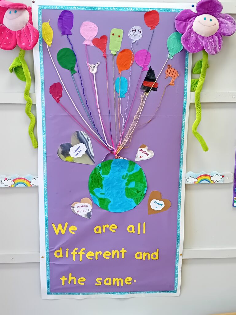 Image of a soft toy and a balloon on a purple background, with the caption 'We are all different and the same,' highlighting diversity and unity.