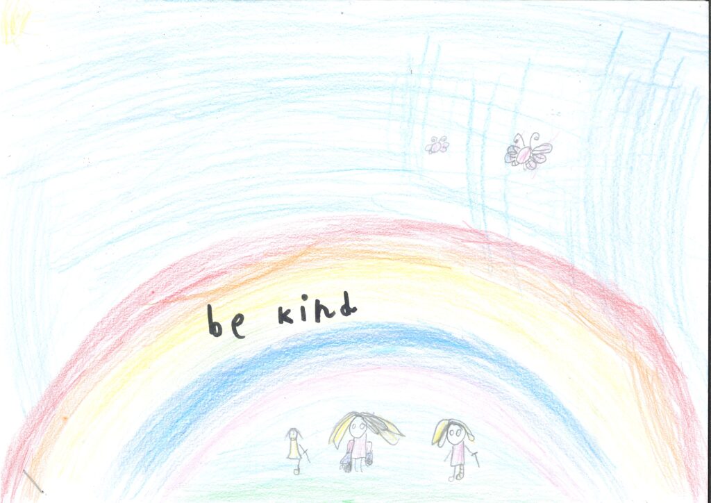 Rainbow drawing with the caption Be kind, promoting positivity, inclusivity, and kindness.