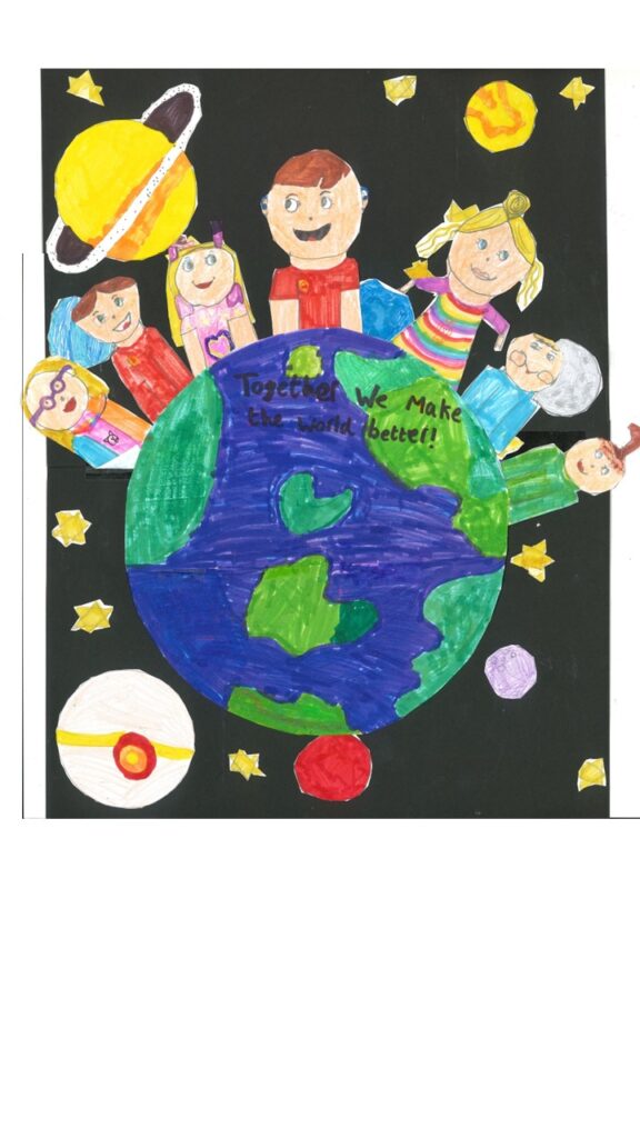 Black background with an image of Earth surrounded by diverse people, symbolizing inclusivity and global unity.