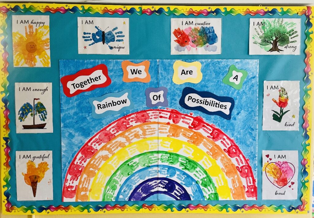 Image of a rainbow made from colorful handprints with the caption 'Together we are a rainbow of possibilities,' symbolizing unity and creativity.