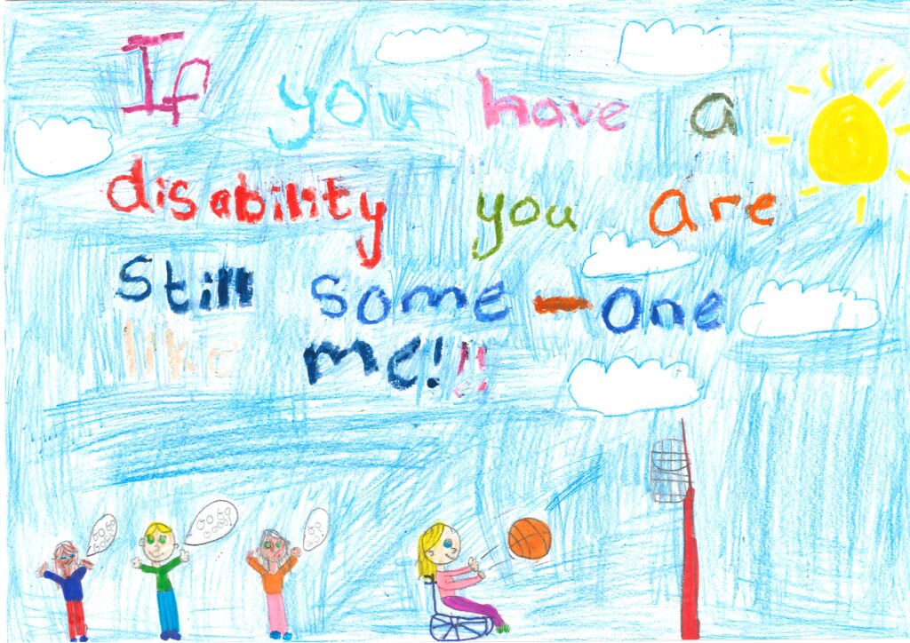 Bright and colorful poster with the caption 'If you have a disability, you are someone like me,' promoting inclusivity and acceptance.