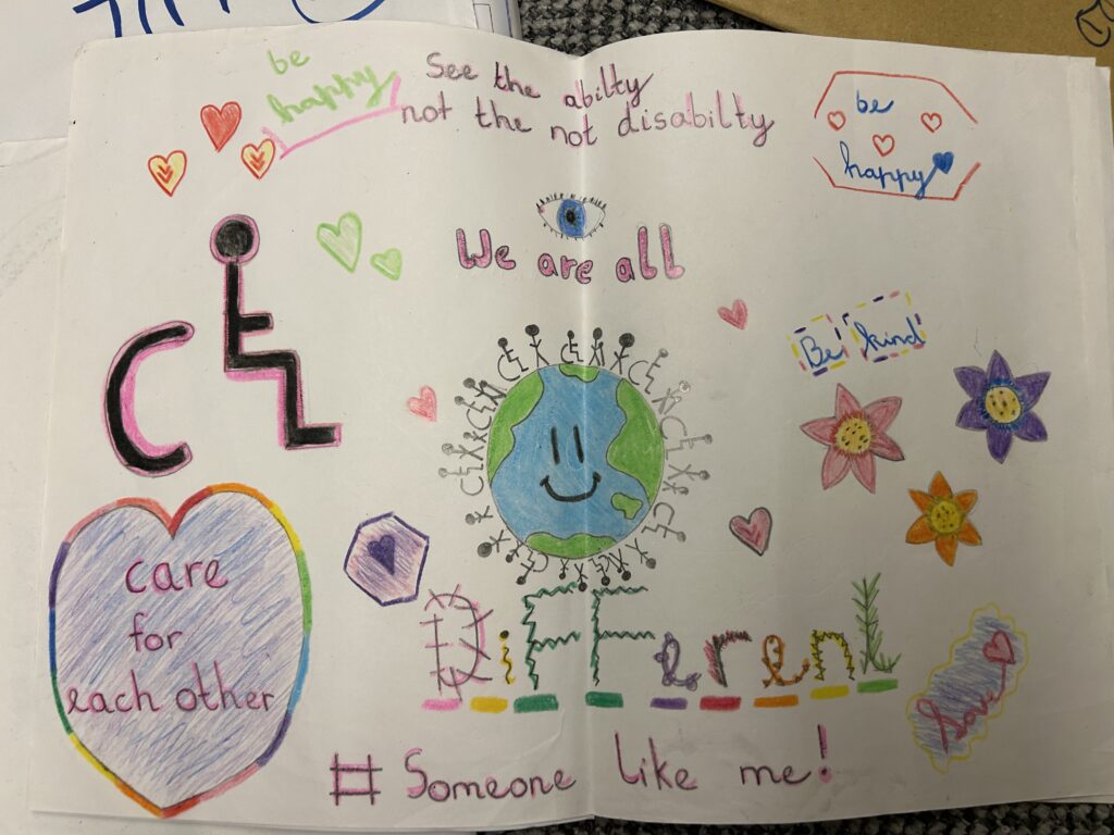 Drawing titled 'We Are All Different,' featuring a globe surrounded by colorful love hearts. The globe represents diversity and unity, while the love hearts symbolize care and connection. The phrase 'Be Happy' is written in cheerful, uplifting lettering, adding to the positive and inclusive message of the artwork.