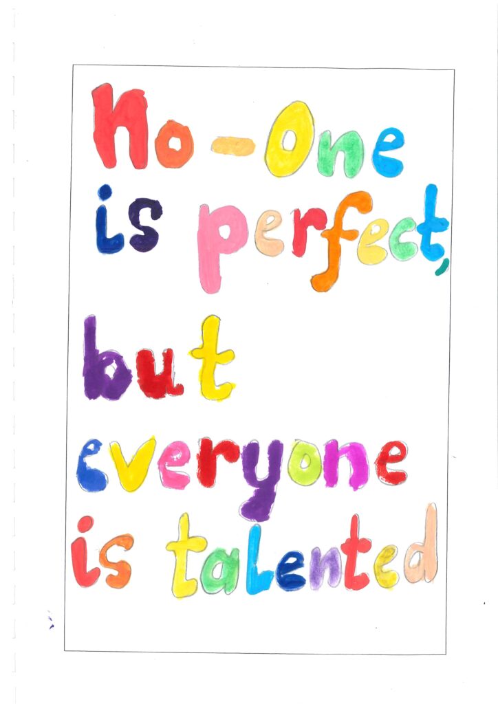 Hand-drawn illustration featuring diverse individuals with unique traits, accompanied by the caption 'No one is perfect, but everyone is talented.